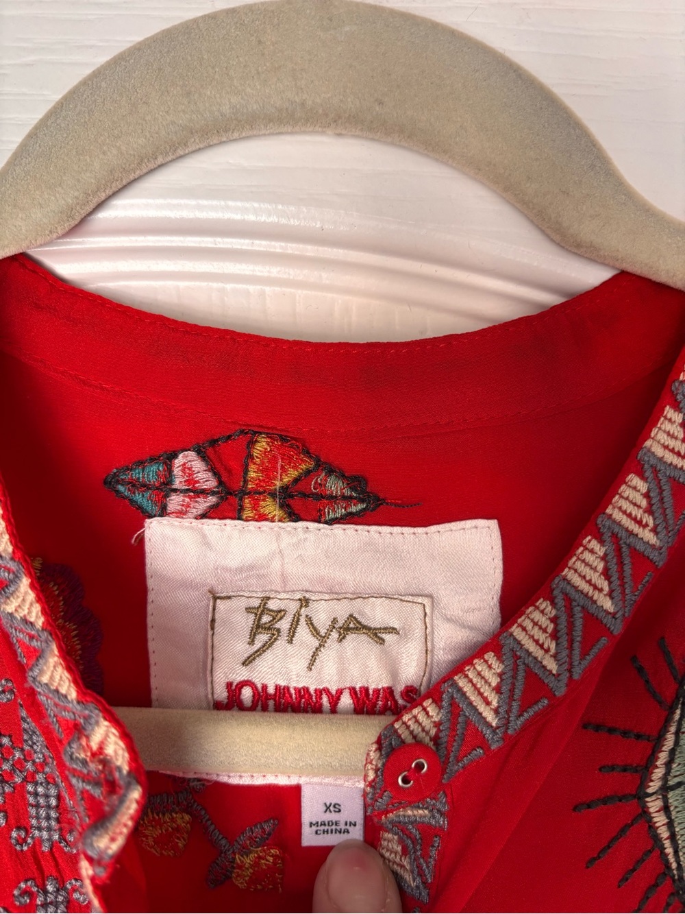 Johnny Was Byia Silk Button-Down Tunic Red women’s small oversized embroidered - Picture 10 of 12